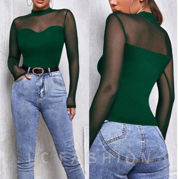 Mesh Top, Mesh Yoke Solid Tee, Stand Collar Long Sleeve Top - Picture 1 of 7